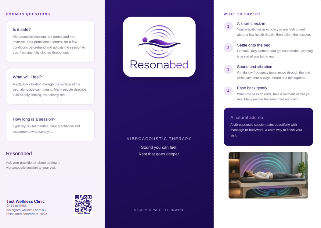 Personalised Resonabed clinic brochure with booking QR code