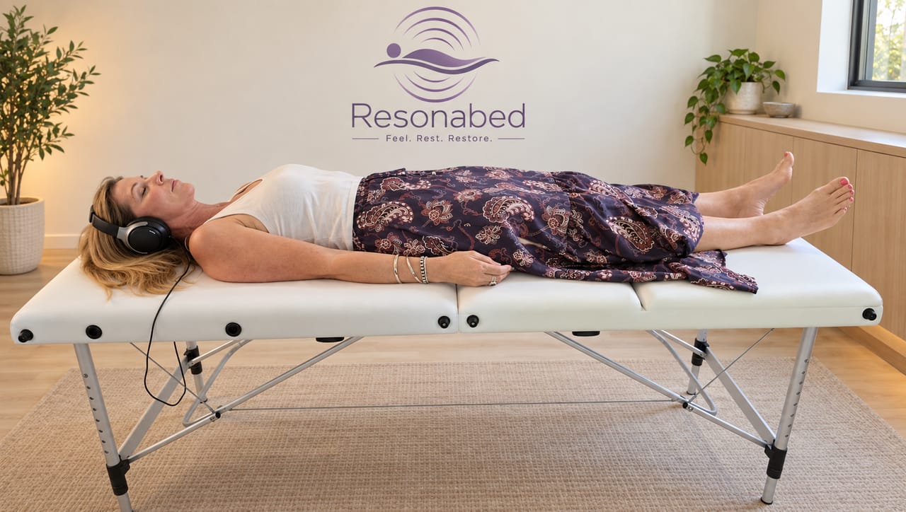 A client resting on a fully fitted Resonabed treatment table